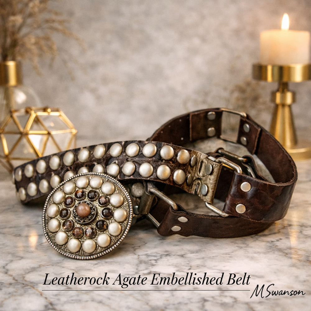 Vintage Leatherock Studded Embossed Leather Belt Crystal Buckle Sz 32